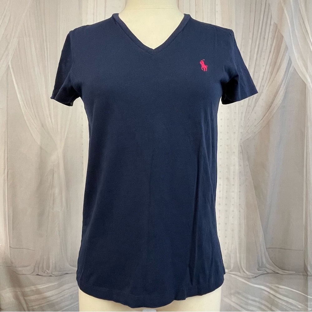 Ralph Lauren Navy V-Neck Tee Women’s Medium Pony Logo Classic Preppy Butter Mom